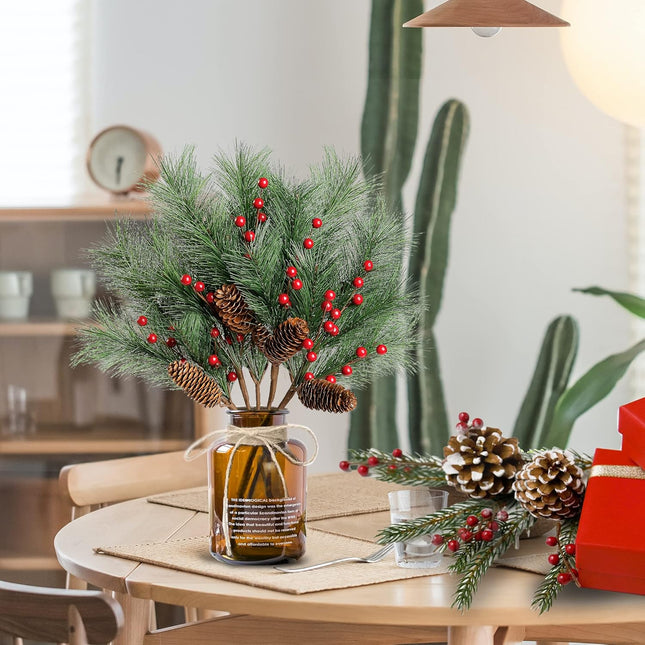 Sggvecsy 5 Pack Christmas Berries Pine Picks Artificial Red Berry Pine Branches Long Faux Pine Stem with Pinecones for Xmas Tree Wreath DIY Craft Floral Arrangement Holiday Season Decor
