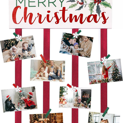 Christmas Card Holder Wall Display Merry Christmas Wooden Hanging Picture Holder with 24 Clips for Holiday Décor