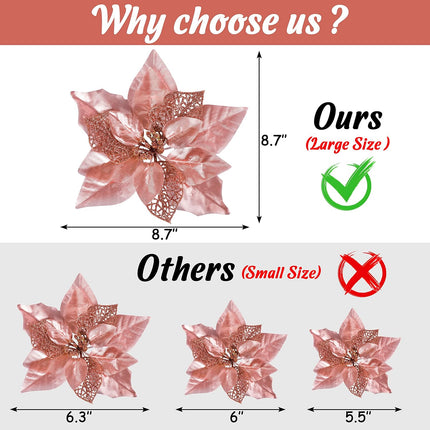 Geefuun 15PCS Christmas Tree Decorations Poinsettias Artificial Flowers Ornaments: Large Size 8.7” Xmas Glitter Flower with Clips Plus Stems (Rose Gold)