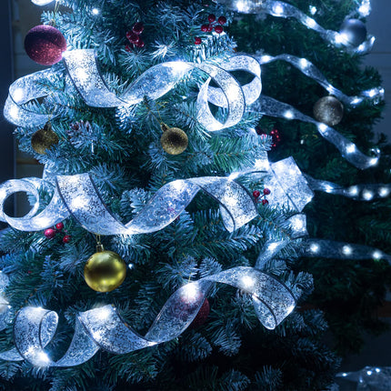 ilauke 65.5Ft Christmas Fairy Lights, Silver Christmas Ribbon Lights Ribbon Bows Fairy String Lights for Christmas Tree Decorations, Xmas Topper Outdoor Indoor Decor