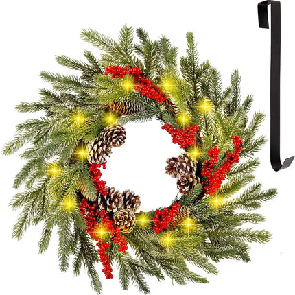 winemana 24 Inch Pre-Lit Christmas Wreath with Hanger, Timer, Pine Cone and Red Berries, Battery-Operated 20 LED Lighted Artificial Wreath Decoration for Front Door Mantel Xmas Party