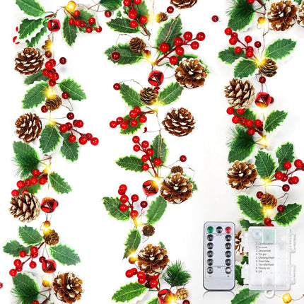 9.8FT Prelit Christmas Decorations Garland with Lights,Christmas Garlands with Pine Red Berry, 8 Modes Christmas Garland for Indoor Outdoor Mantle Stairs Railing Xmas Party Decor