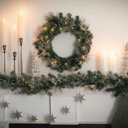 Sullivans 9' Prelit Christmas Garland, Christmas Decor, Garland Christmas Decorations, Artificial Flocked Pine Garland For Mantle with Lights, Pinecones, Battery Timer, and Gold Accents, Holiday Decor