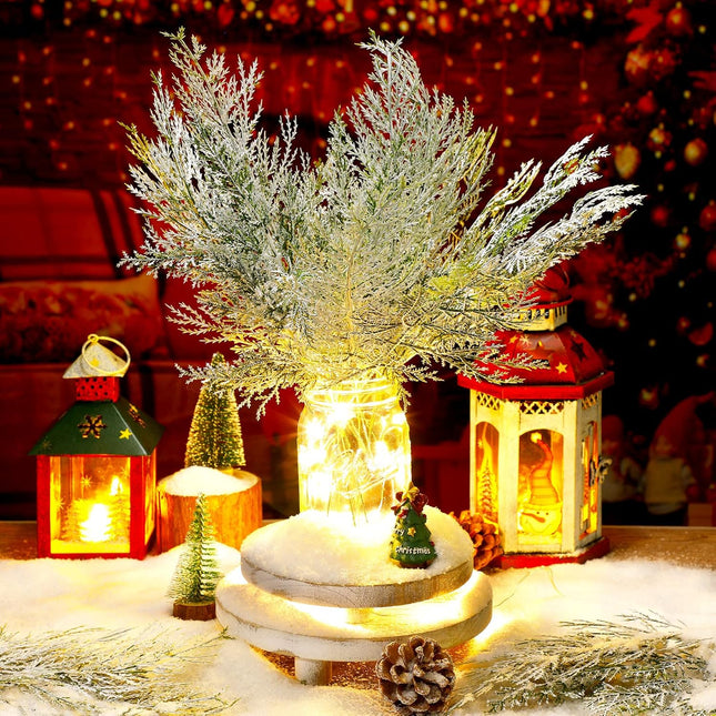 Panelee 45 Pcs Christmas Artificial Faux Cedar Branches, Artificial Pine Leaves,Christmas Greenery Fake Stems Christmas Tree Picks for Vase Garland Wreath Craft DIY Home Decoration(Frosted)