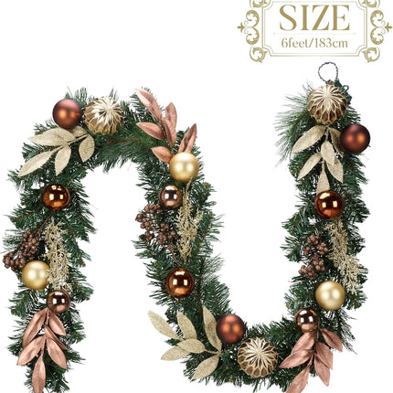 Valery Madelyn 6 ft Pre-Lit Christmas Garland with Light for Mantle, Lighted Battery Operated Xmas Garland with Bronze Copper Gold Ball for Front Door Fireplace Table Centerpiece Outdoor Window Decor