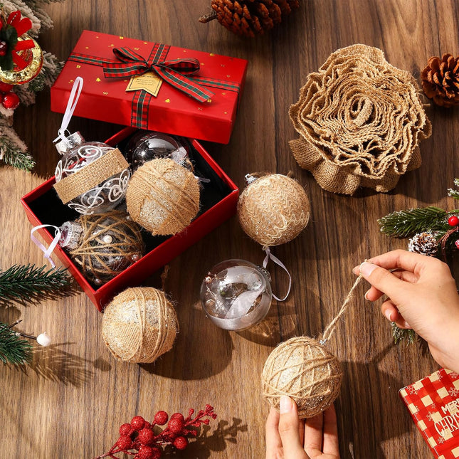 28 Pcs Farmhouse Christmas Ornaments Rustic Burlap Christmas Tree Ornaments Decoration Hanging Burlap Christmas Ball Ornament Burlap Garland Ribbon for Xmas Christmas Holiday Party