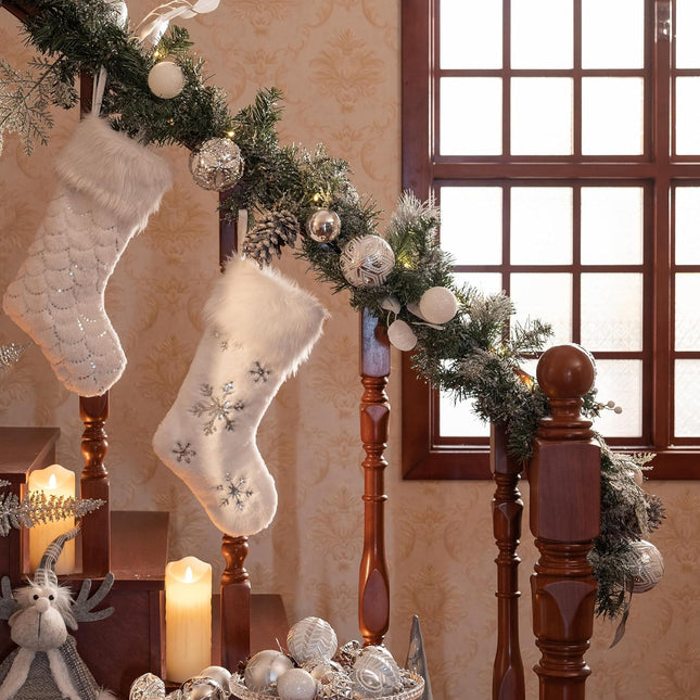 Valery Madelyn 6 feet Pre-Lit Christmas Garland with Lights for Mantle, Lighted Battery Operated Xmas Garland with Silver White Balls for Front Door Fireplace Table Centerpiece Outdoor Home Decoration