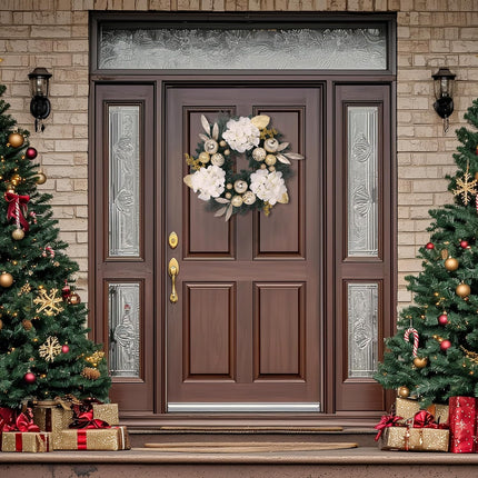 Valery Madelyn Pre-Lit Christmas Wreath for Front Door with Lights, 20 Inch Lighted Christmas Wreath with White Gold Xmas Ball for Fireplace Window Outdoor Table Centerpiece Holiday Home Decoration