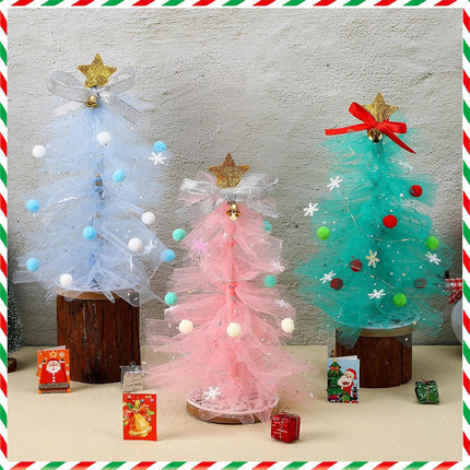Hungdao 3 Set DIY Christmas Tree Craft Kit Christmas Tabletop Decorations 12 Inch Tulle Christmas Tree with Light Christmas Tree Centerpieces for Table for Christmas Birthday Holiday Women Decor