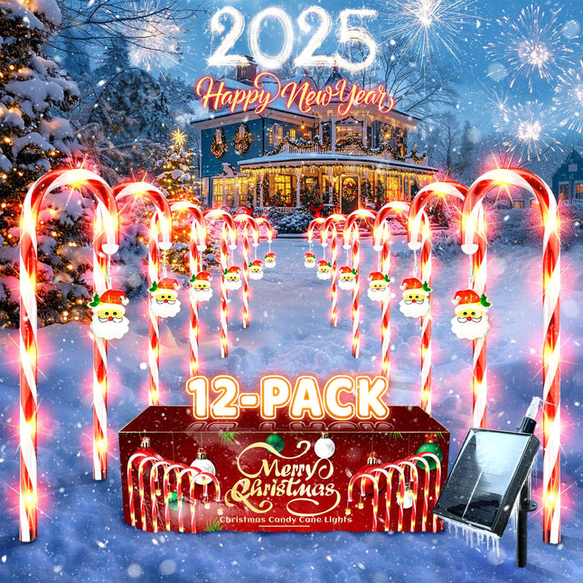 Solar Christmas Lights Outdoor Decorations: Candy Cane Light Waterproof for Yard Outside Decor - Santa Claus Xmas Garden Lighted Tree Pathway Lawn Patio House Decorative 12Pack