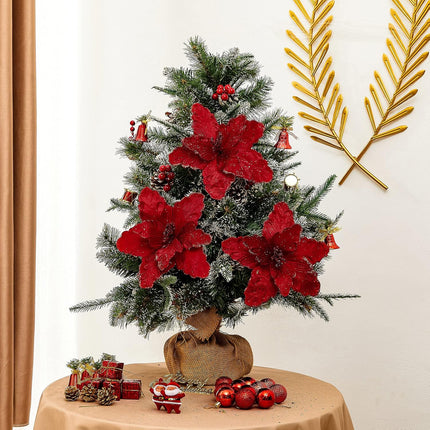 10 Pcs Large Poinsettias Christmas Tree Flower Glitter Silk Flower Picks Ornaments for Wreath Garland Wedding Decoration (Dark Red)