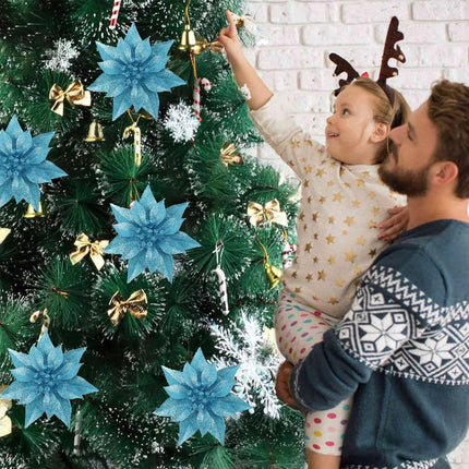 12 Pcs Artificial Christmas Flowers Lake Blue Christmas Ornaments for Tree Decoration with Clips Stems Fake Poinsettias Flowers for Xmas Holiday Wedding Party Wreath DIY
