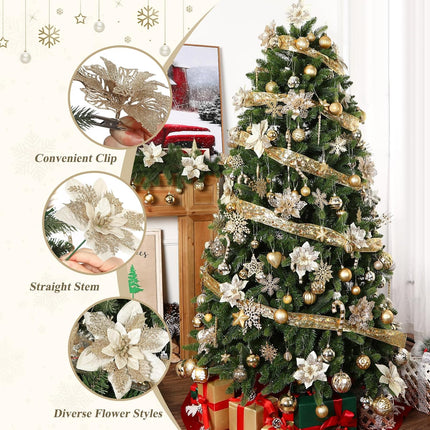 24Pcs 3 Styles 6 inch Poinsettias Artificial Christmas Flowers, Glitter Christmas Tree Decorations, Floral Ornaments for Home/Party, Xmas Decor Flowers with Clips and Stems, Champagne Gold