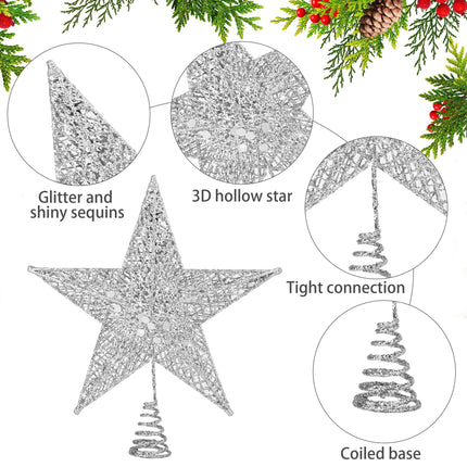 Christmas Tree Topper 6 Inches Metal Glittered Christmas Tree Topper Wire Star Treetop Sparkle Xmas Decoration for Christmas Tree Ornament Indoor Year Holiday Party Supplies (Silver)