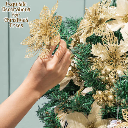 CNhoqc 115pcs Christmas Tree Decoration Accessories, Set of Gold Glitter Artificial Flower, Berry Picks, Pine Cones, Stems, Christmas Poinsettia Flower for Xmas Tree Wreath Wedding Party Decor (Gold)