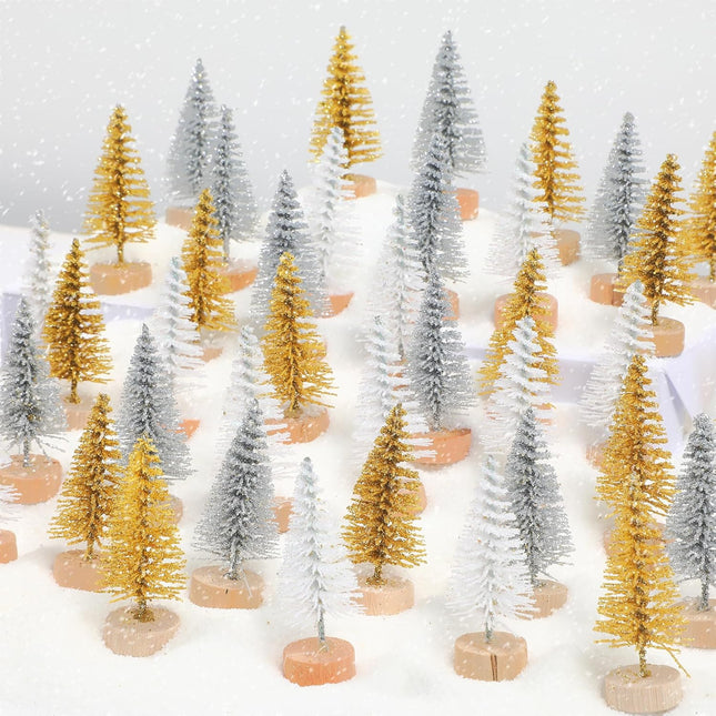 72 PCS Mini Christmas Trees Artificial Christmas Tree Bottle Brush Trees with Wooden Base for Christmas Party Home Table Decorations (Mixed Color A)