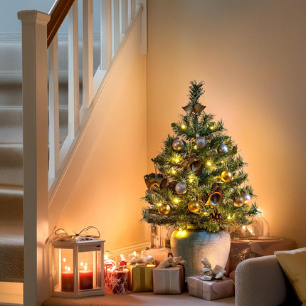Yaheetech 2Pcs Pre-lit Artificial Mini Christmas Tree, 2ft Tabletop Small Xmas Tree w/12 Pinecones, 35 Warm White LED Lights, Cement Base, Battery-Operated Christmas Tree for Home Party Decor, Green