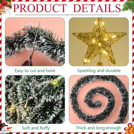 Christmas Tree Garland Set 49Ft Christmas Green Frost Tip Tinsel Garland with Lights Christmas Tree Star Topper and 24 Pack Mini Christmas Ornaments Balls for Xmas Decor Supplies