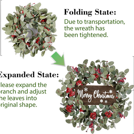 Sggvecsy 18 Inch Artificial Christmas Wreath for Front Door Xmas Red Berry Wreath Winter Glitter Eucalyptus Wreath Christmas Hanging Decorations for Wall Home Window Holiday OutdoorDecor