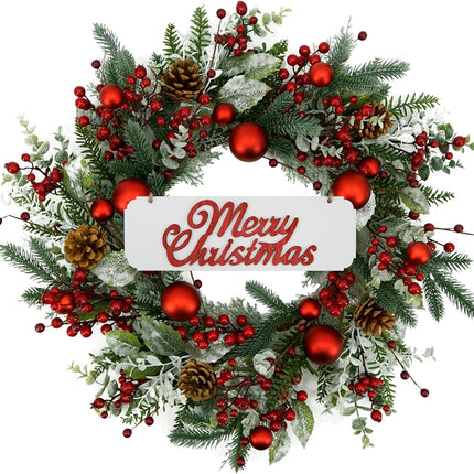 20 inch Artificial Christmas Wreath Winter Wreath with red Ball,red Berry,Pine Needles for Indoor Outdoor Farmhouse Home Wall Window Festival Wedding Decor