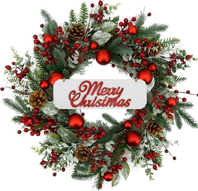 20 inch Artificial Christmas Wreath Winter Wreath with red Ball,red Berry,Pine Needles for Indoor Outdoor Farmhouse Home Wall Window Festival Wedding Decor