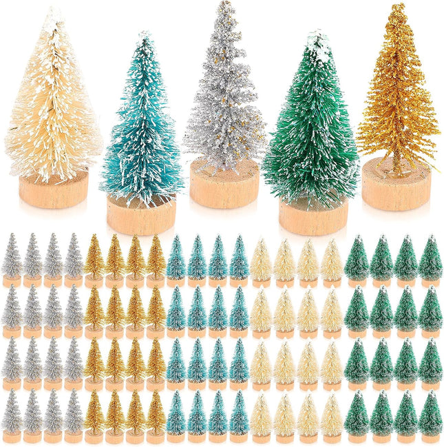Crowye 100 Pcs Mini Christmas Tree Artificial Sisal Trees with Wood Base Tabletop Bottle Brush Trees for Christmas Home Decor Christmas Party Table Craft Decorations, 5 Colors
