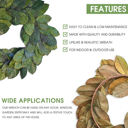 30" Faux Magnolia Leaf Wreath - 2-Tone Green Artificial Boho Wreaths for Front Door, Kitchen, Home- Polyester, Metal Wire, Tape - Farmhouse Decor for Christmas, Wedding, Baby Shower