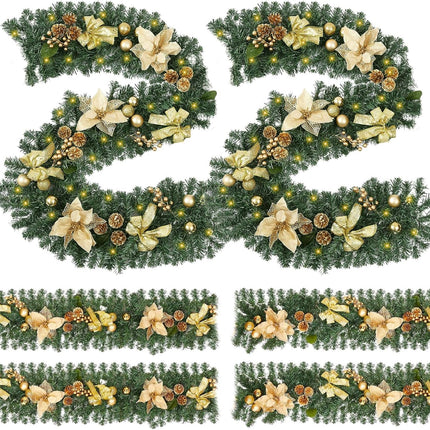 Meooeck 3 Sets 9 ft 150 LED Pre-Lit Artificial Christmas Garland with Gold Berries and Balls Pine Cone Flower and Battery Operated String Lights for Fireplace and Stair Railing,Total 27 ft