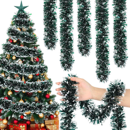 Poen 100 ft Christmas Tinsel Garland Xmas Tree Garland Decorations Metallic Tinsel Glitter Twist Garland for Indoor Outdoor Wedding Carnival Holiday Party Supplies(Dark Green, Black)
