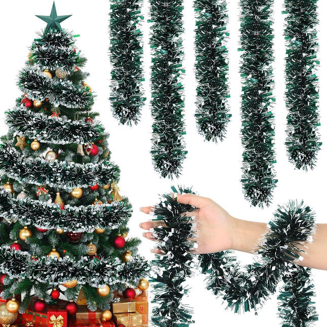 Poen 100 ft Christmas Tinsel Garland Xmas Tree Garland Decorations Metallic Tinsel Glitter Twist Garland for Indoor Outdoor Wedding Carnival Holiday Party Supplies(Dark Green, Black)