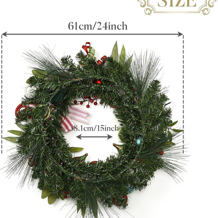 Valery Madelyn 24 Inch Pre-Lit Christmas Wreath for Front Door with Lights, Large Lighted Christmas Wreath with Elf Red Green Xmas Balls for Fireplace Window Outdoor Table Centerpiece Home Decoration