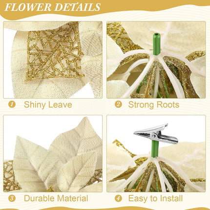30 Pieces 8 Inches Large Christmas Artificial Poinsettia Flower Christmas Tree Glitter Faux Flowers Floral Wreath Garland Xmas Tree Ornaments for Wedding Holiday Wreath DIY (Red, Gold, Silver)