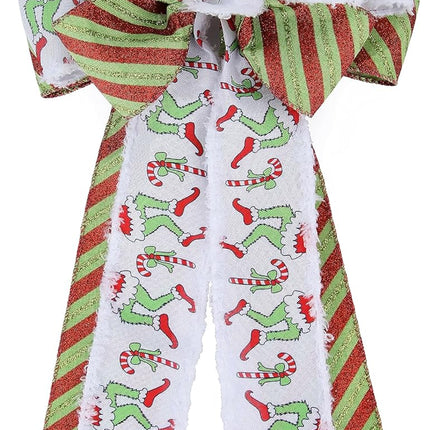 Large Red Green Gillter Stripes Christmas Bow 20x10 Inch Candy Elf Leg Ribbon With Snowdrift Wreath Bows for Outside Tree Topper Bow Garland Home Indoor Outdoor Party Decor(Christmas)