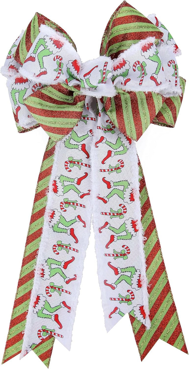 Large Red Green Gillter Stripes Christmas Bow 20x10 Inch Candy Elf Leg Ribbon With Snowdrift Wreath Bows for Outside Tree Topper Bow Garland Home Indoor Outdoor Party Decor(Christmas)