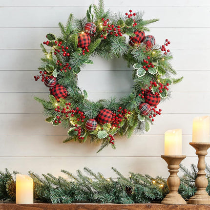 Glitzhome 24 Inch Prelit Christmas Wreath, Berry Holly Pine Wreath, Holiday Xmas Hanging Decoration for Front Door Porch