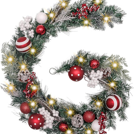 Valery Madelyn 6 feet Pre-Lit Christmas Garland with Lights for Mantle, Lighted Battery Operated Xmas Garland with Red White Balls for Front Door Fireplace Table Centerpiece Outdoor Window Home Decor