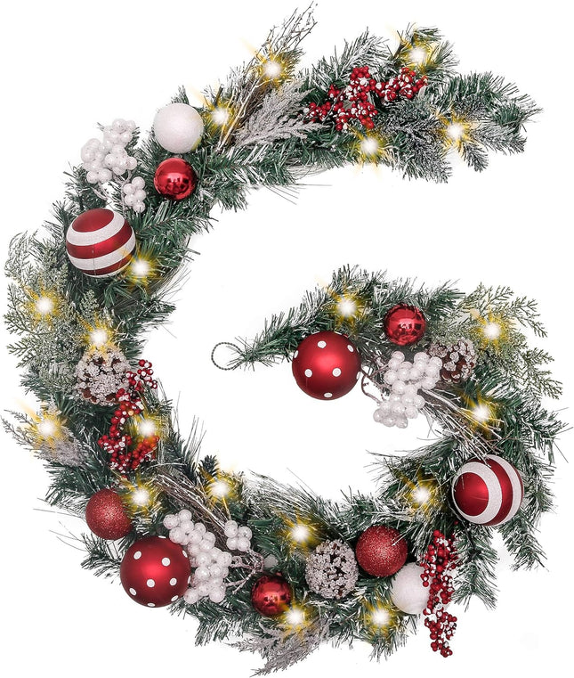 Valery Madelyn 6 feet Pre-Lit Christmas Garland with Lights for Mantle, Lighted Battery Operated Xmas Garland with Red White Balls for Front Door Fireplace Table Centerpiece Outdoor Window Home Decor