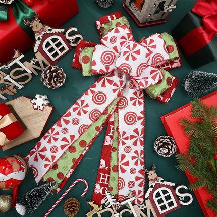 Hotop 2 Pcs Christmas Bow Wreath Bow Xmas Sweet Candy Wreath Burlap Bow Winter Door Wall Decor Red and Green Christmas Tree Topper for Indoor Outdoor Xmas Party Decoration, 18 x 10 Inch