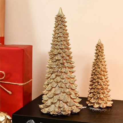Gold Christmas Tree Figurines, 2Pcs Resin Glitter Christmas Tree for Tabletop Decoration, Small Christmas Tree Set, Decorative Xmas Trees for Christmas Mantel Indoor Home Decor
