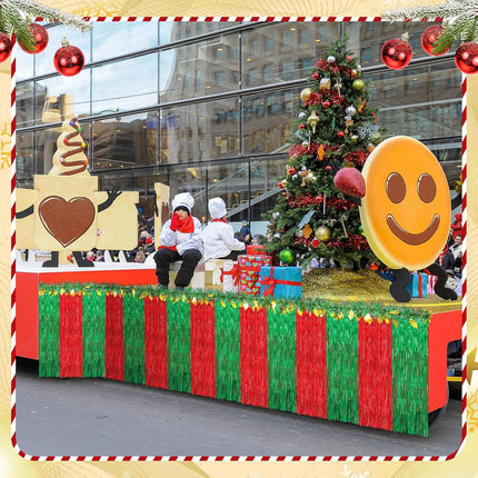 Crowye 10 Pcs Large Christmas Parade Float Decorations with Foil Fringe Garland Set Include 9.02 x 2.46 ft Red Green with Gold Table Skirts 6.56 x 0.3 ft Tinsel Garland for Christmas Party Car