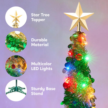 JOIEDOMI 5 Ft Pre-lit Pencil Christmas Tree, Pop up Christmas Tinsel Tree with Lights and Ornaments, Skinny Collapsible Christmas Tree with Timer for Xmas Decorations Indoor Outdoor Holiday Party