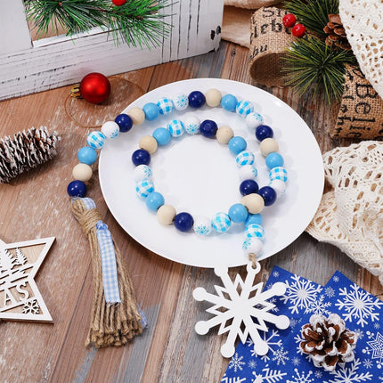 Whaline 2Pcs Winter Wood Beads Garland with Snowflake Pendants Blue White Buffalo Plaids Rustic Farmhouse Xmas Hanging Ornament Snow Flake Beads for Winter Tiered Tray Fireplace Home Decor