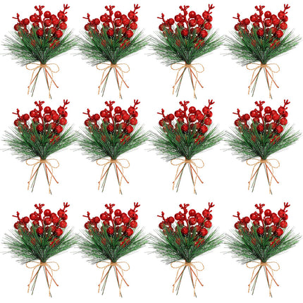 Geosar 24 Pieces Christmas Artificial Greenery Pine Branches Christmas Holly Artificial Berry Stems Pine Needles Branches Floral Picks Xmas Tree Party for Christmas Holiday Decor (Red)