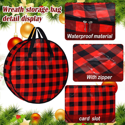 4 Pcs Christmas Wreath Storage Bag 24 Inch 30 Inch Large Buffalo Plaid Wreaths Storage Container Zippered Wreaths Holder with Handles for Xmas Holiday Party Seasonal Storage Wrapping(Black and Red)