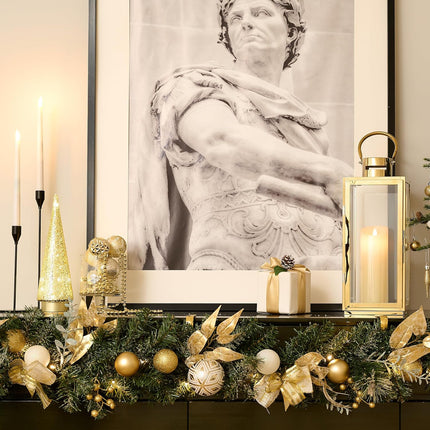 Valery Madelyn 6 feet Pre-Lit Christmas Garland with Lights for Mantle, Lighted Battery Operated Xmas Garland with White Gold Balls for Front Door Fireplace Table Centerpiece Outdoor Window Home Decor