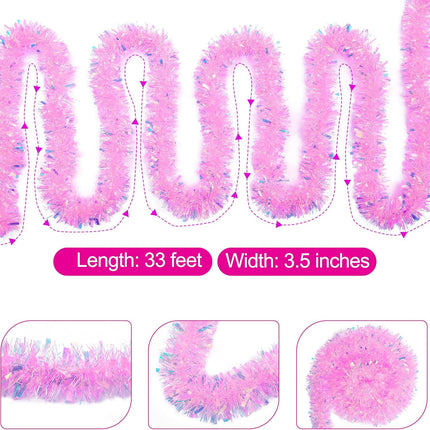 33FT Pink Christmas Tinsel Garland Metallic Tinsel Twist Garland Glitter Foil Garland for Xmas Tree Decoration Wedding Party Supplies