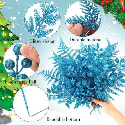 40 Pcs Christmas Glitter Artificial Picks Set Christmas Leaf Sprays Cedar Picks Glitter Berries Stems Tropical Leaf Pine Needles Christmas Stems Branches for Christmas Tree Vase Home(Blue)