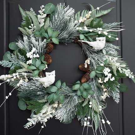 Winter Wreaths for Front Door 24 Inch Snowy Flocked Christmas Wreath Artificial Green Olive Eucalyptus Wreath with Cute White Owl,Pine Cones,Cedar,White Berries for Indoor Outdor Decor