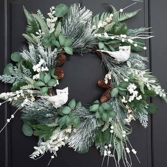 Winter Wreaths for Front Door 24 Inch Snowy Flocked Christmas Wreath Artificial Green Olive Eucalyptus Wreath with Cute White Owl,Pine Cones,Cedar,White Berries for Indoor Outdor Decor