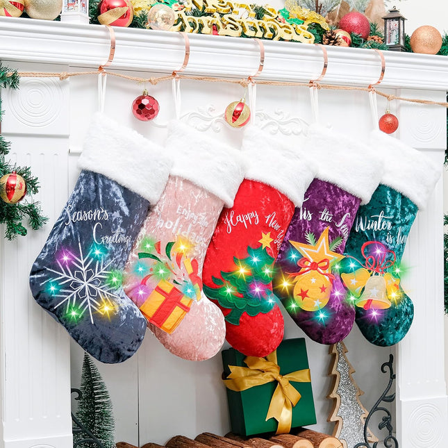 LUBOTChristmas Stocking (20inch) with LED Light Colorful Sparkly Embroidered tree bell snowflake fruit garland Applique Christmas Stockings Hanging for Family Decorations Xmas 5 Pack